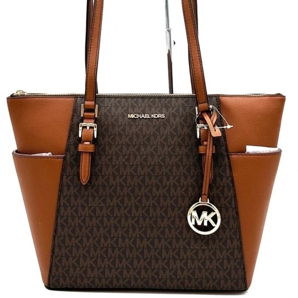 Michael Kors Large Charlotte Tote Bag Luggage Leather Brown - Picture 1 of 12